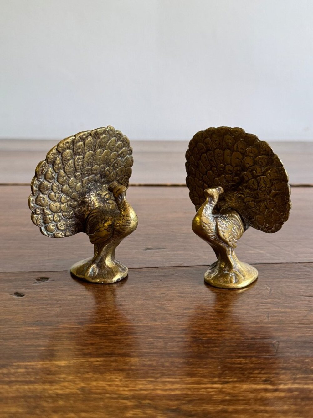 Vintage Pair of Brass Peacocks with Opened Fan Tail Feathers
